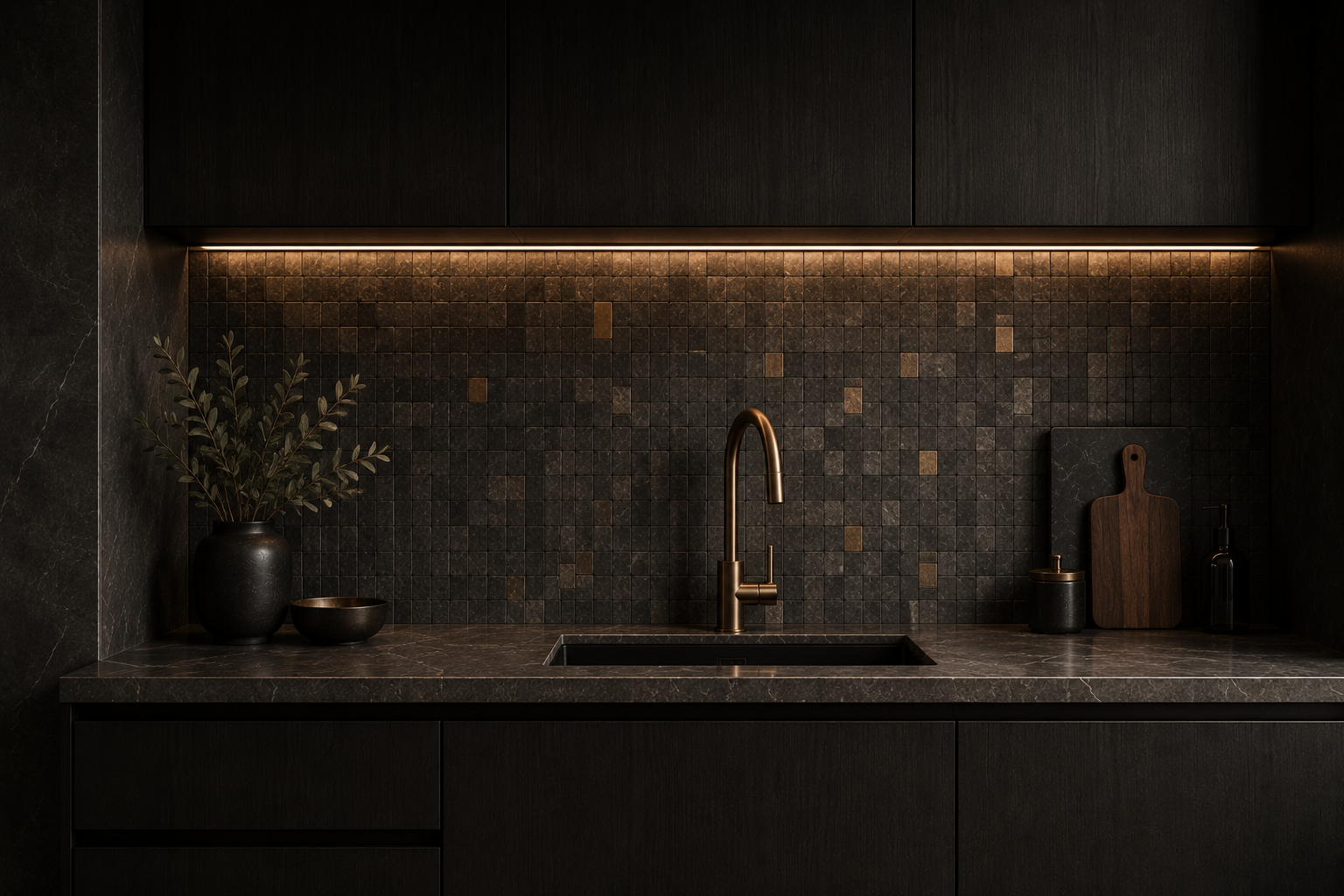 Dark mosaic tile backsplash with brass faucet and under-cabinet lighting