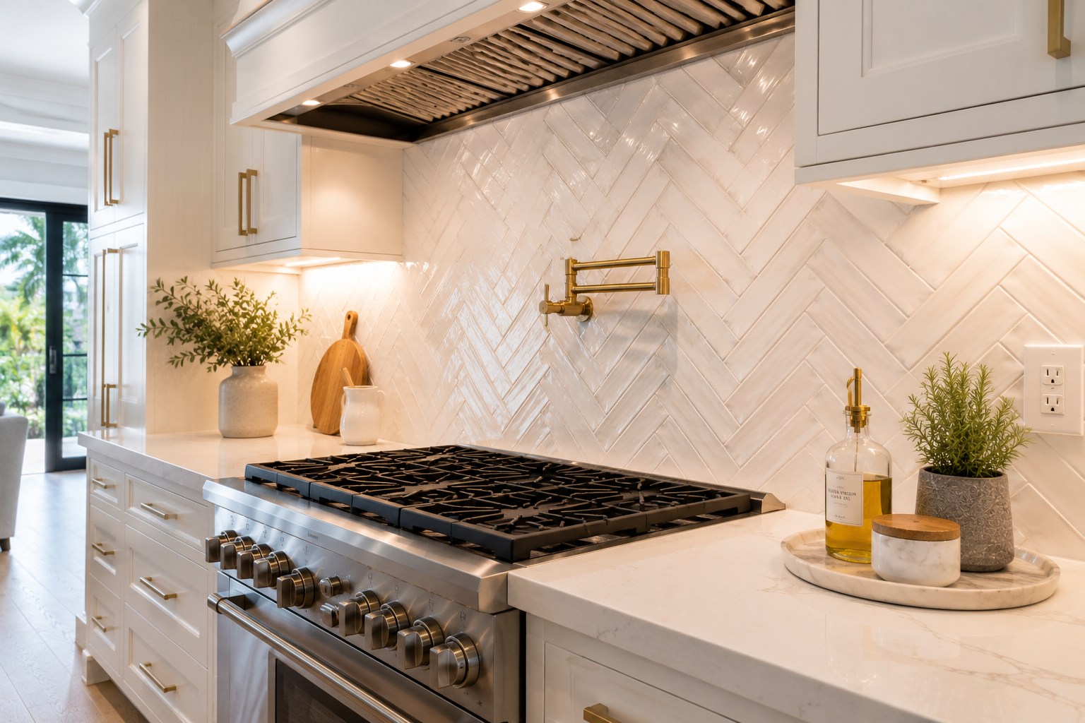 Herringbone backsplash with tight, even grout lines