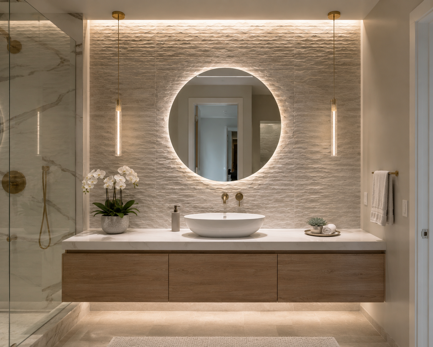 Bathroom accent wall in contrasting tile