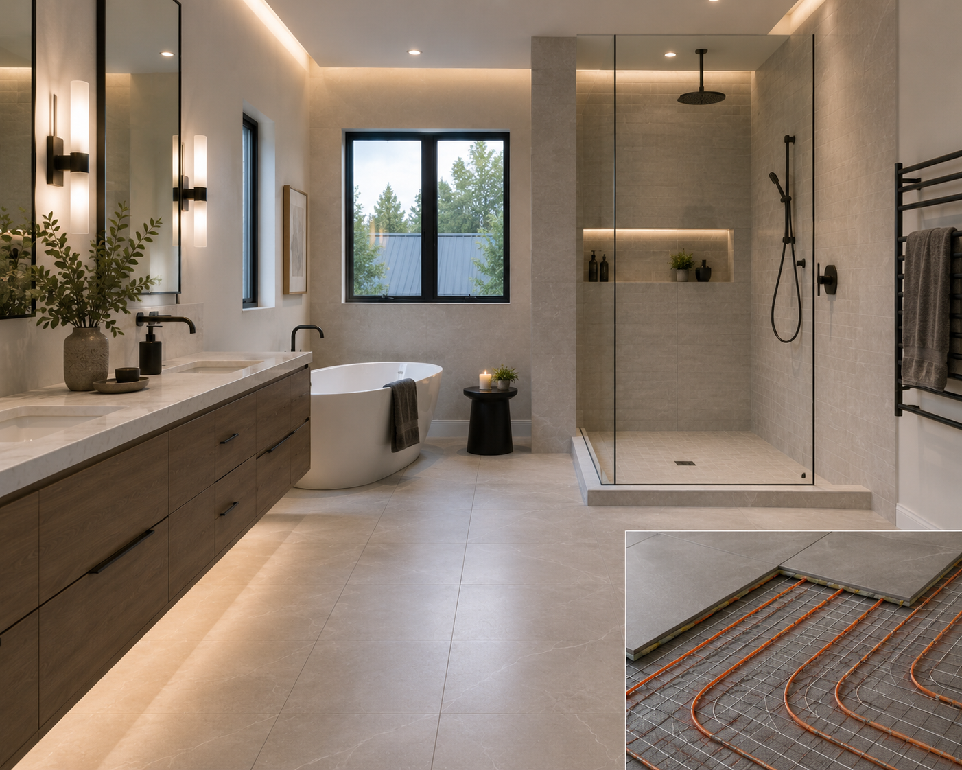 Bathroom with warm heated tile flooring