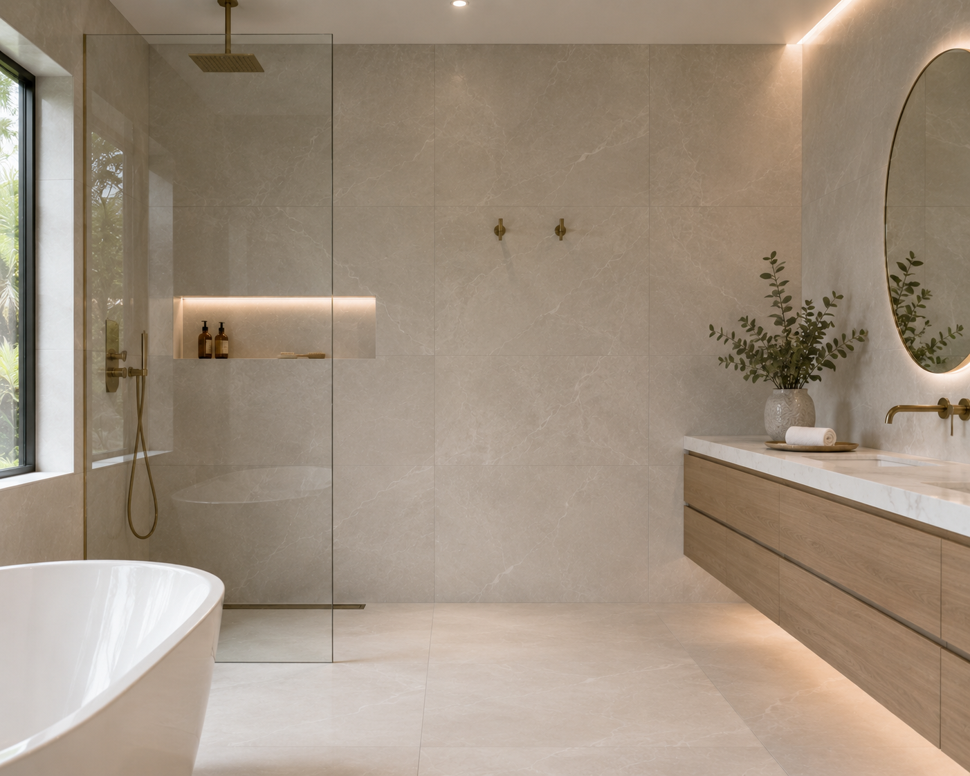 Spa bathroom with large-format stone-look tile walls