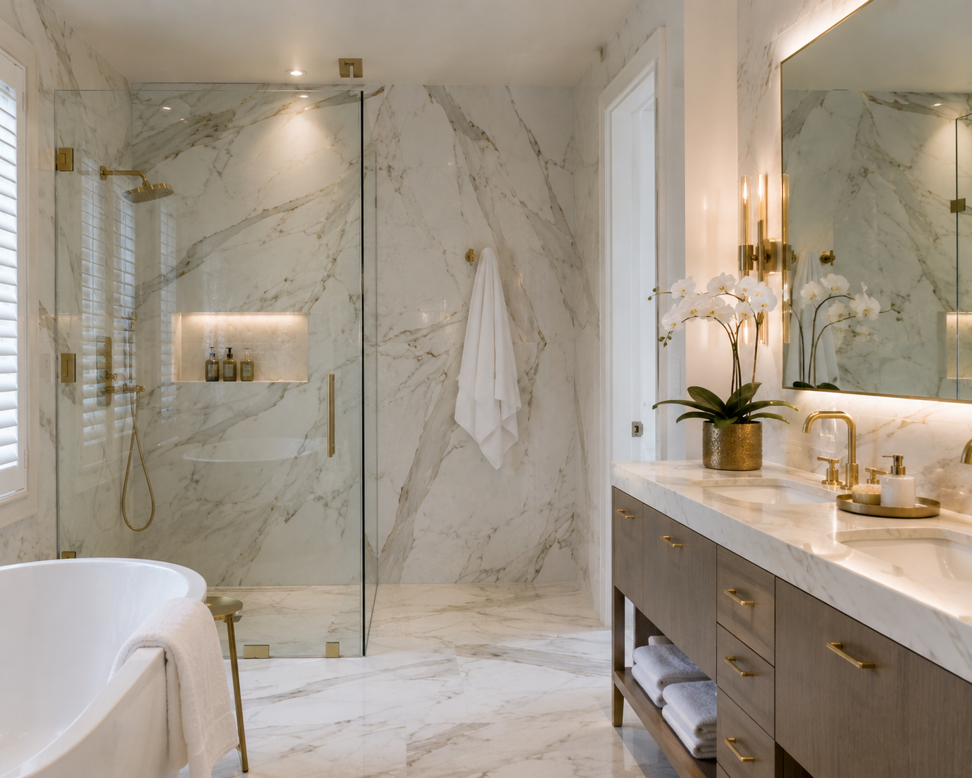 Marble-clad bathroom with book-matched veining