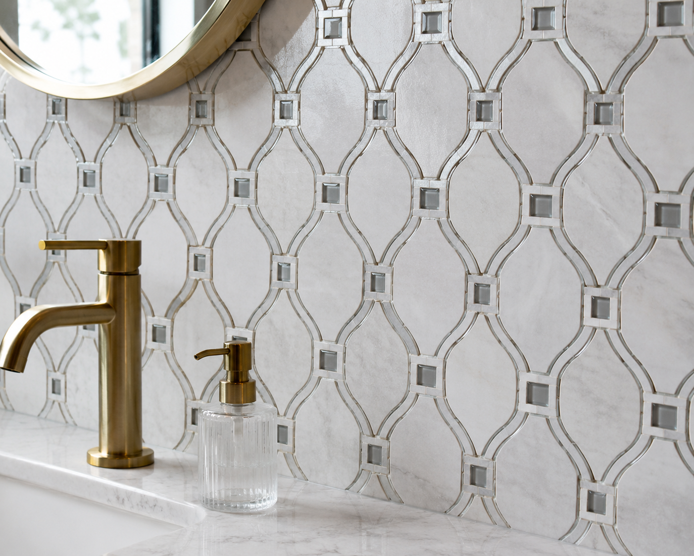 Bathroom feature wall with intricate mosaic tile