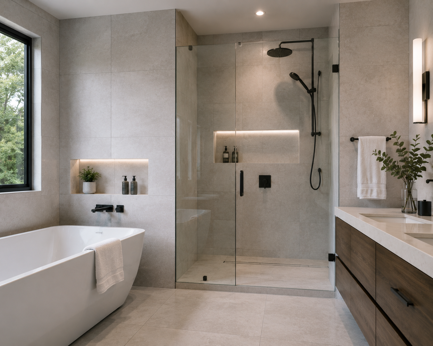 Modern bathroom finished in large porcelain tile