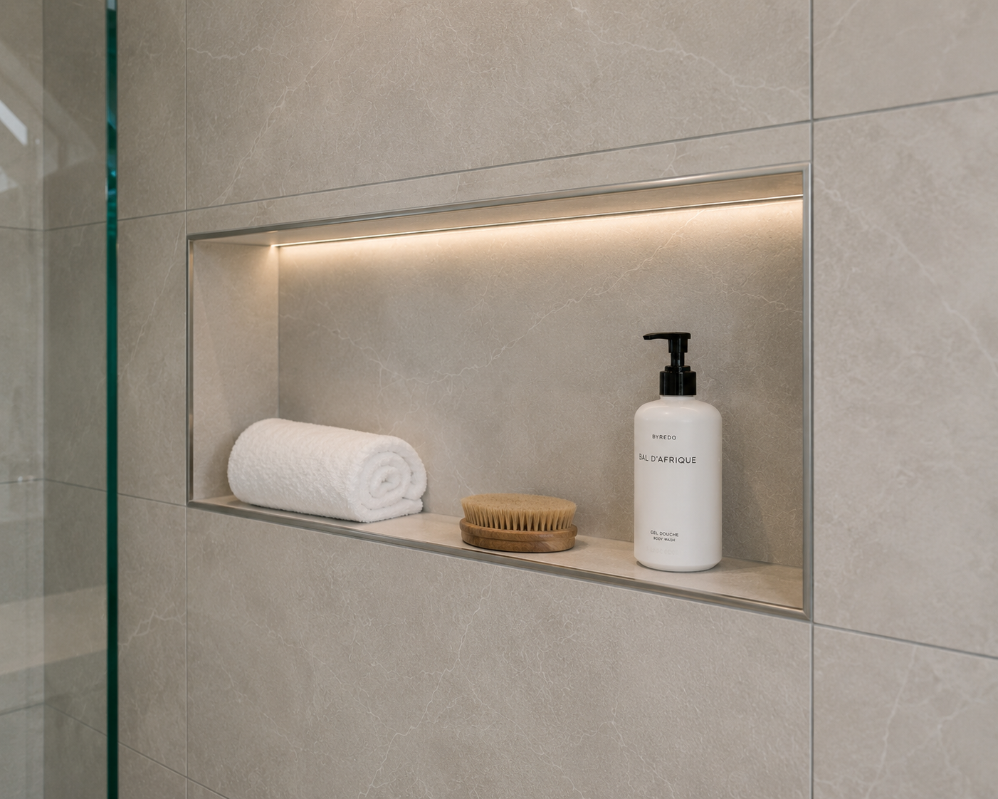 Tiled shower niche with clean corners and trim