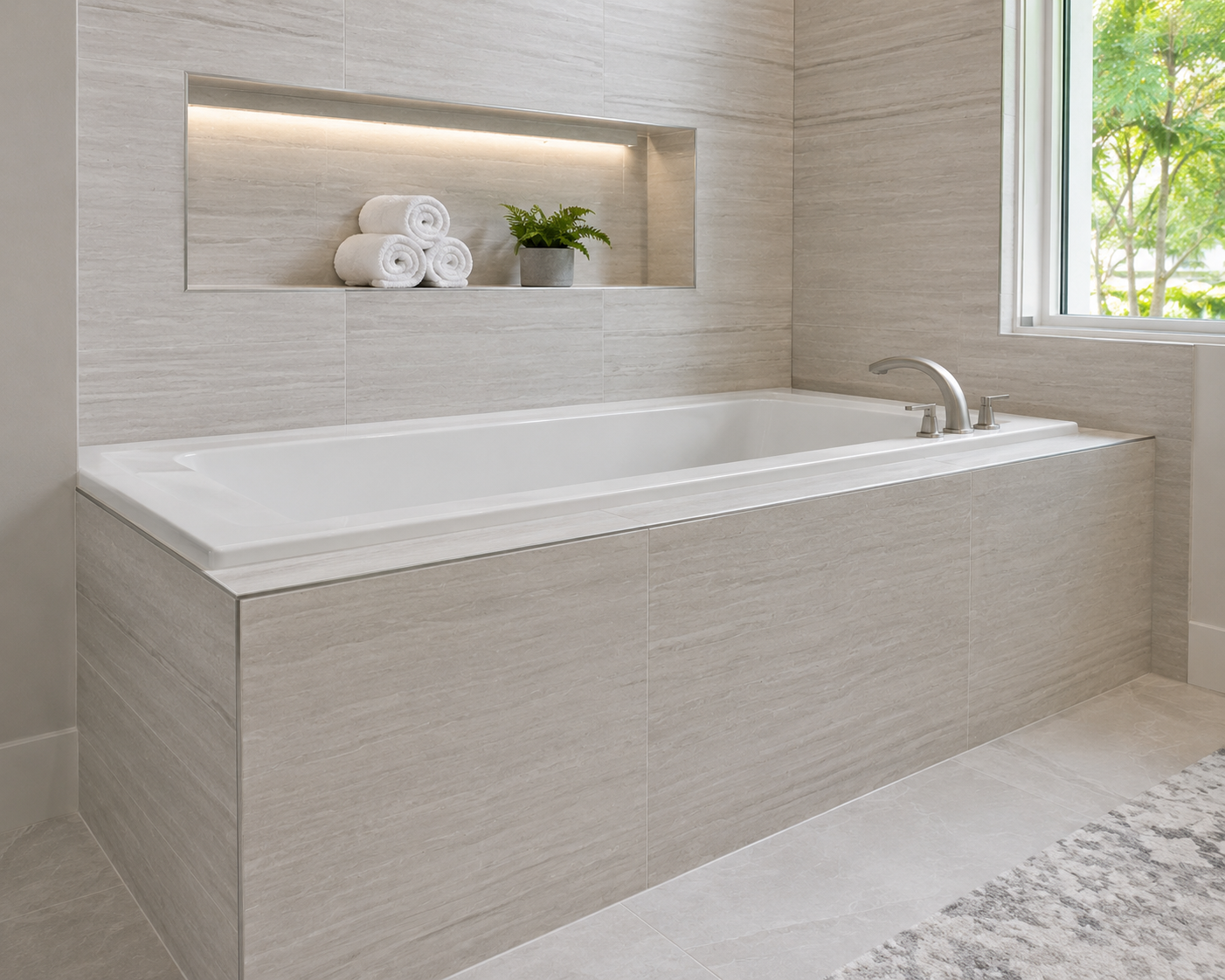 Freestanding tub with tiled surround