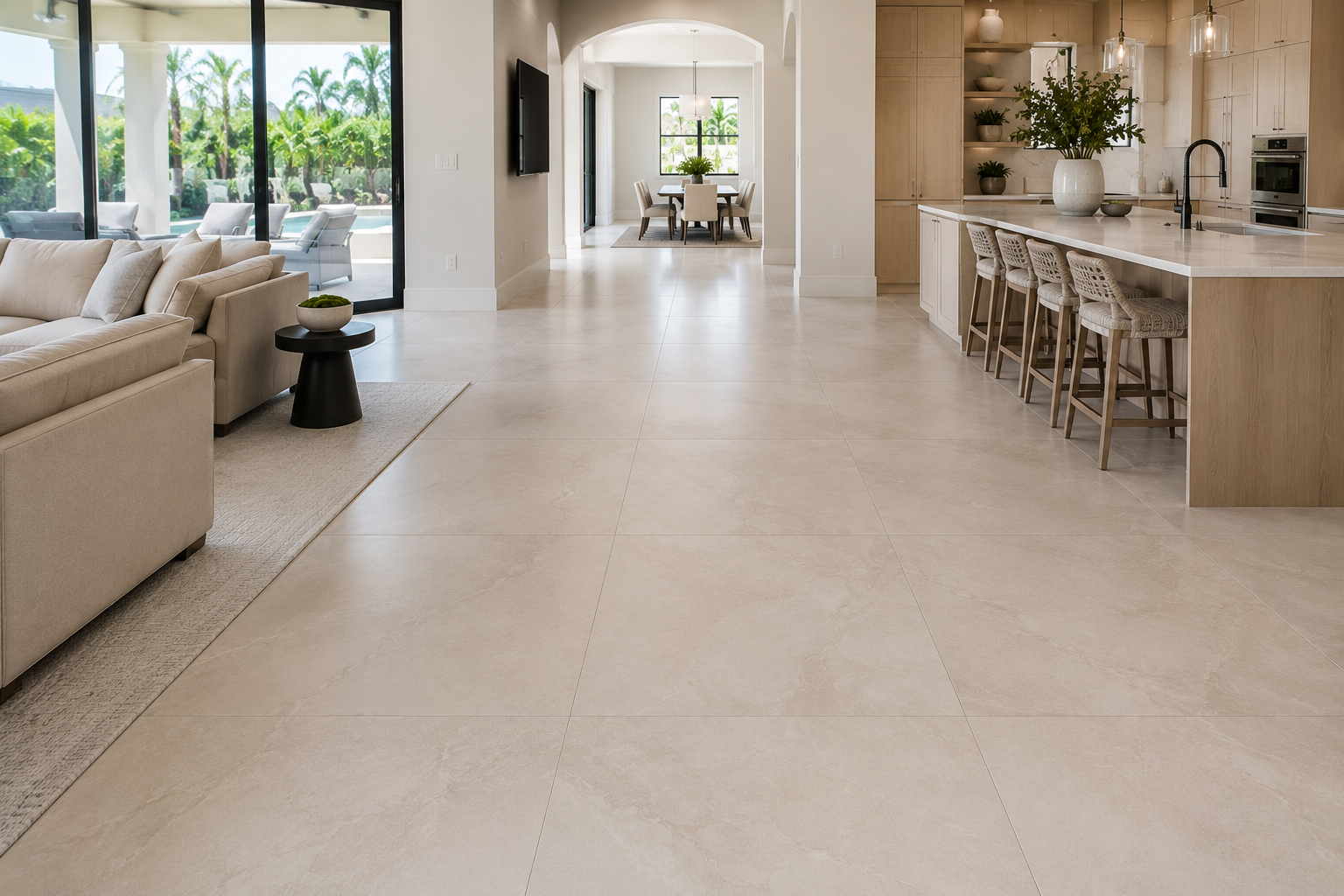 Large-format floor tile laid dead flat with minimal lippage