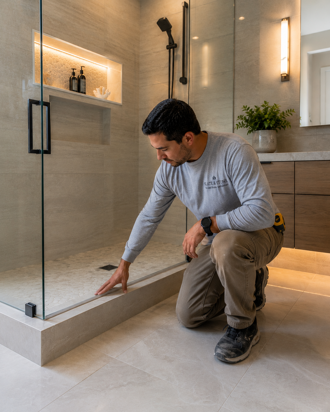 Slate & Stone installer inspecting the finished edge of a glass shower in a luxury bathroom