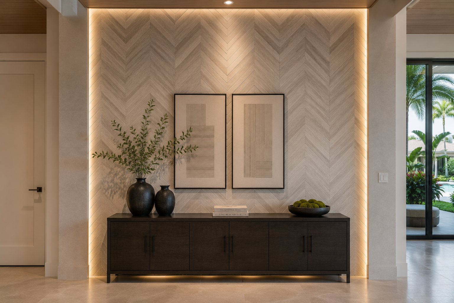 Chevron tile layout with precise mitered angles